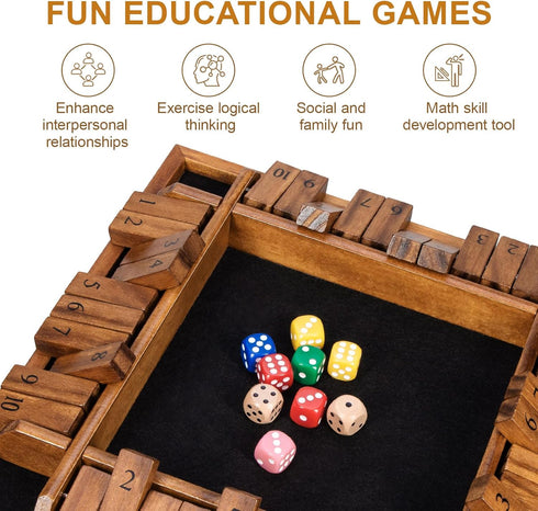 1-4 16 Pub12 inches BIVOMON Shut The Box Dice Game Players Wooden Board Table Math Game for Kids Adults, Classic Dice