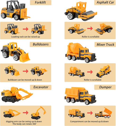 BenRich 6 Pcs Mini Die Cast Car Set - 1/64 Scale Alloy Construction Trucks for Kids Birthday or Xmas Present