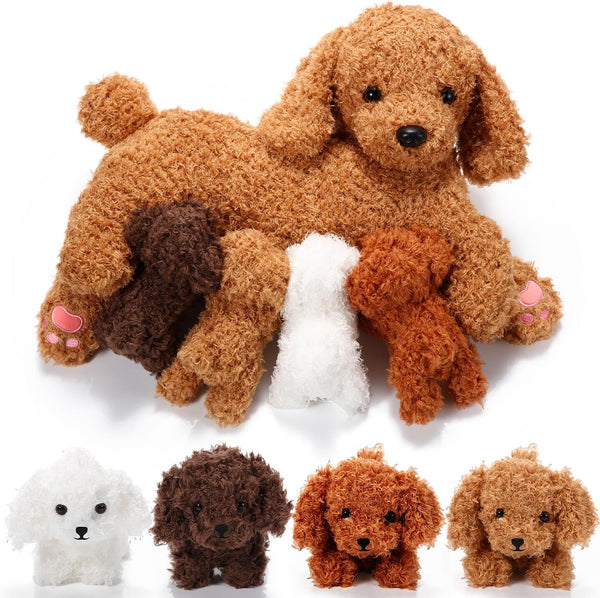 Honoson Nurturing Dog Stuffed Animal with Puppies Set, Nursing Mommy Dog Plush with 4 Baby Puppies, Gifts