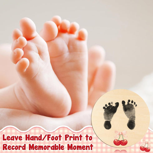 R HORSE Baby Announcement Sign with Ink Pad and Marker Pen Cherry Pink Bow Hello World Wooden Keepsake for Newborn