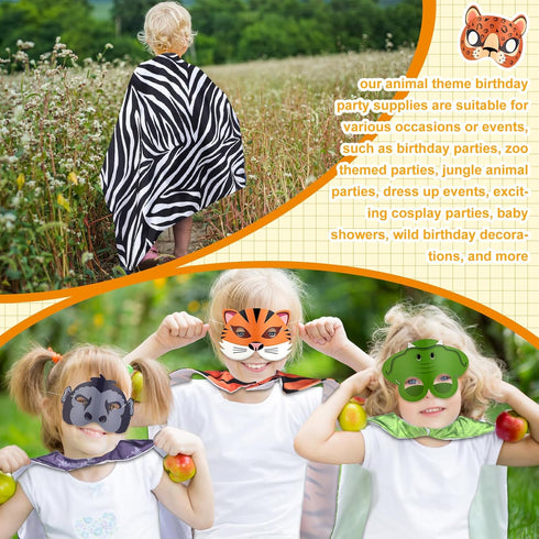 12 Set Safari Animal Mask and Capes | Kids Jungle Safari Theme Party Favors | Cosplay Wild Birthday Decorations