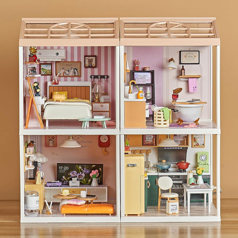 92Pcs 1:24 8+ Miniature Living Room DIY Kit Scale Dollhouse Furniture with LED Light, Modular Scene Connector