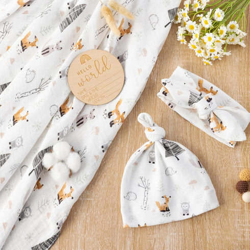 Set 47x47 inches BabyWhale Muslin Swaddle Blanket with Hat and Headband Bow, Animals Print Swaddle for Baby Boys Girls