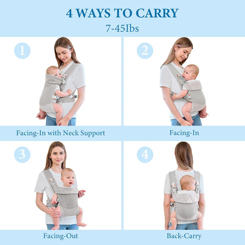 7 45 lbs Breathable Mesh Baby Carrier, Ergonomic Design Baby Wraps Carrier with Head Support and Adjustable Sling