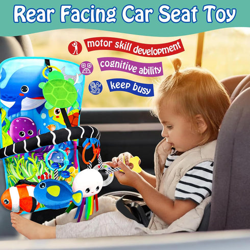 Innofans Baby Car Seat Ocean Animals Toys - Kick and Play Double Sided Infant Car Seat Toys with Plush Toys, Mirror