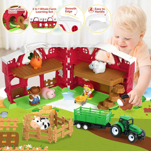 1 2 3 Set Toddler Toys for Years Old Boys and Girls, Farm Animals Big Barn Toy, Farm Animal with Farms Play Mat