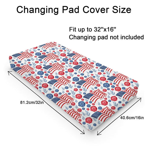 American Flag Blue Red Floral Diaper Changing Pad Covers for Boy Girl 32''x16'' Patriotic 4th of July Unisex Fitted Change Table Sheets Independence Day Soft Breathable Baby Changing Table Mats White