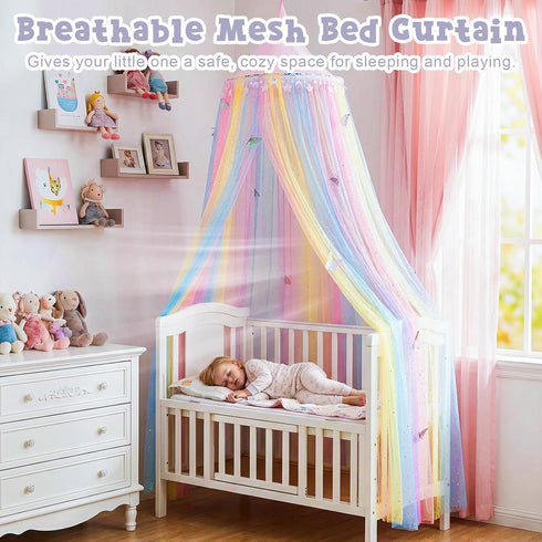 STAOLENE Rainbow Princess Bed Canopy for Girls, Breathable Hanging Mosquito Net with Glitter Star & Moon Tassels, Fits