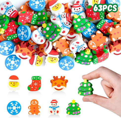 Kleeblatt Large Christmas Erasers for Kids, 63 PCS Bulk Cute Classroom Gifts and Holiday Party Favors