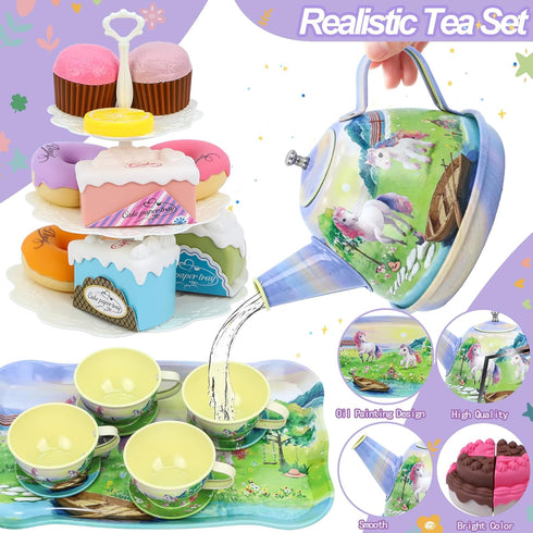Set Girls,50PCS Playsets,Teapot 3 4 5 6 Tea Party for Little Princess Horse Tea Time Toy Including Food Sweet Treats