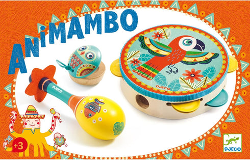 Set 3+ DJECO Animambo Tambourine, Maraca, Castanet Music Instrument - Cute Parrot, Fish & Owl Design Toddler