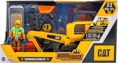 Set, 23-Piece Playset 4-Inch 3+ Cat Workforce Excavator Action Kids Construction Toy with Figure, Non-Drying Dirt