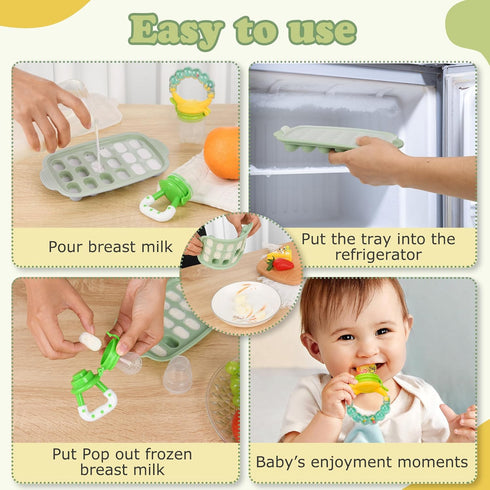 Baby Fruit Feeder & Baby Breastmilk Popsicle Molds-WAJIAYON Silicone Baby Food Freezer Tray Storage Containers, Baby Food Pacifier Feeder and Teether