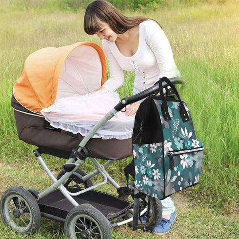 HCBPWVQA Backpack Daypacks Backpack Mommy Teal Grey and White Floral Diaper Bag with Changing Pad and Pacifier Holder
