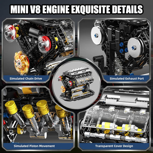 V8 Sets, V8 14+ (502 Engine Building Blocks Mini Engine Model Kit That Runs with Manual Joystick, Compatible with Lego