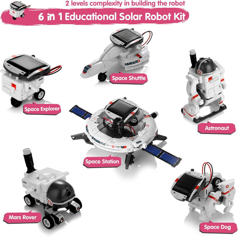 Solar Robot Toys 6 in 1 STEM Learning Kits Educational Space Moon Exploration Fleet Building Experiment Toys DIY Solar Power Science Gift for Kids Aged 8-12