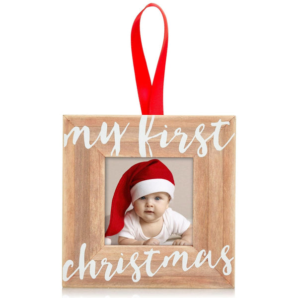 Pearhead Baby’s First Christmas Wooden Picture Frame Ornament, Rustic Keepsake Photo Holiday Gift for New Parents