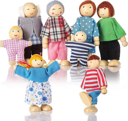 Wooden Doll House People, 8 Figures Dolls Family Set for Girls, Toddler Kids Dollhouse Accessories Toy
