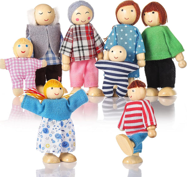 Wooden Doll House People, 8 Figures Dolls Family Set for Girls, Toddler Kids Dollhouse Accessories Toy