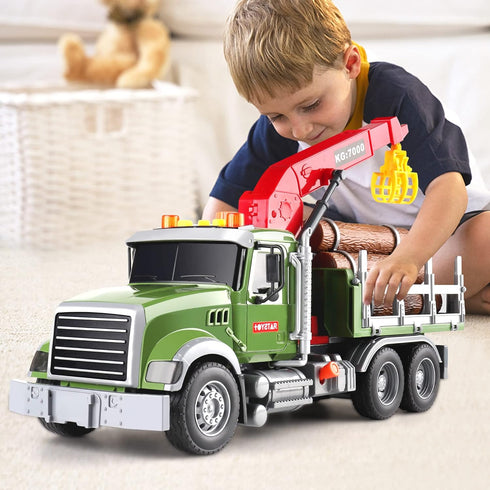 Dwi Dowellin Kids Toys for 3-7 Years Old Boys, 15" Large Timber Truck with Loading Crane and 6 Trunks, Birthday Gifts