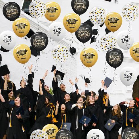 75 Pack Graduation Party Decorations, 12 Inch Black Gold Balloons with Balloon Ribbons for Graduation Party Supplies