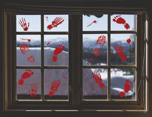 Halloween Scary Decorations Set: Horror Banner, No One Leave Backdrop, Bloody Footprints, Handprints Floor Clings,