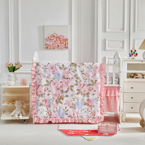 3 Pieces Flowers Crib Bedding Set Baby Ruffled Quilted Comforter with Fitted