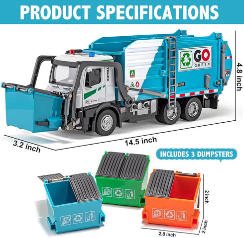 Set 3 HAPYAD AUTO-Lift Function Garbage Truck Toys Metal Cab, Trash Truck Toy with Lights and Sounds Includes