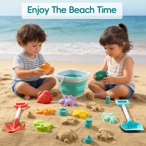 Set 17 Set) Sawaruita Beach Toys for Kids - Sand Toys Includes Collapsible Bucket Shovel and Mesh Bag PCS, Toddlers