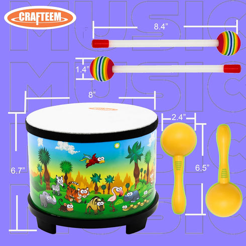 8-inch 2 Crafteem Floor Tom Drum for Kids Percussion Instrument Music Drum with Mallets and Color Maracas for Baby
