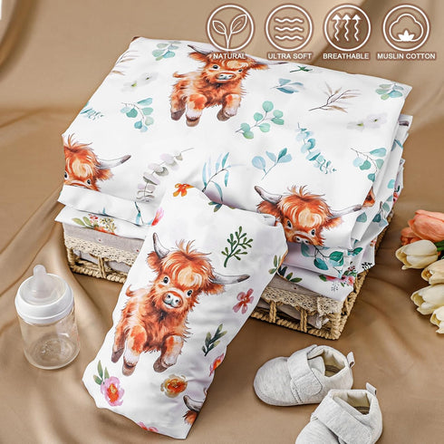 Croknit 4 Pack 52" 28" x Changing Pad Cover for Boys Girls Highland Cow Eucalyptus Leaf Floral Pattern Neutral Nursery