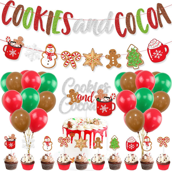 Cookies and Cocoa Party Decorations, Cookies and Cocoa Banner Snowflake Snowman Gingerbread