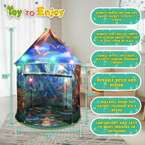 Dinosaur Pop Up Kids’ Play Tent by Toy To Enjoy, Indoor & Outdoor, Includes Remote Controlled Lights & 6 Toys