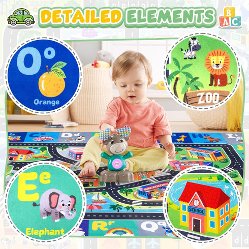 Rogara Car Rug Playmat, City Road Map Kids Rug, Educational Learning Play Mat, Soft Non-Slip Machine Washable ABC