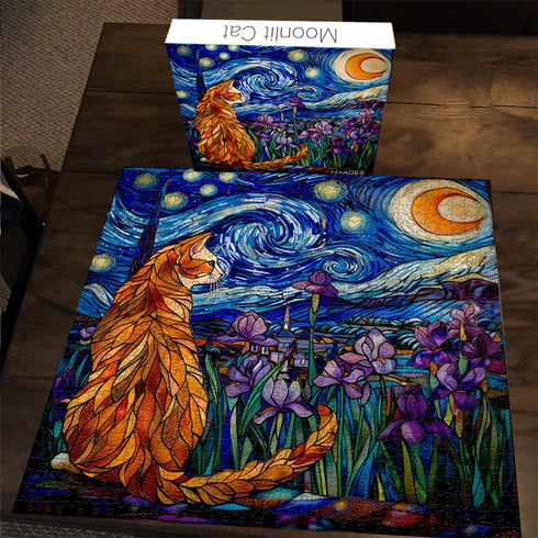 PICKFORU Cat Puzzles for Adults 1000 Pieces, Stained Glass Purple Iris Flowers and Moonlit Cat