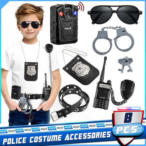 Set 8PCS Deluxe All-in-One Police Accessories Role Play for Kids, Police Gear Toys Include Police Badge, Handcuffs
