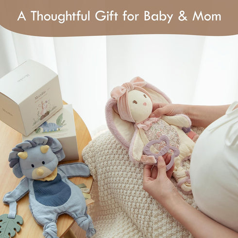 Moonkie Baby Lovey with Silicone Teether, Dinosaur Security Blanket with Textured Ribbons, Crinkle Toys, Soft Minky