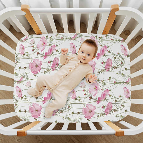 KICPOAY 52 28 Pale Pink Wildflowers Fitted Crib Sheets Stretchy Portable Playard Sheets for Baby Toddler, Breathable
