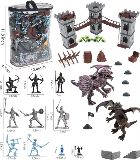 Medieval Castle Knight Toy Soldier Figures - DIY Castle Building Toy with 2 Dragons, 2 Bridges, and Storage Bag