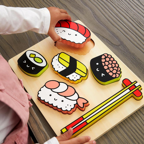 Mudpuppy Sushi Friends: Wooden Tray Puzzle with 6 Sushi Shaped Pieces