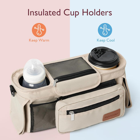 Momcozy 2 Universal Baby Stroller Organizer, Insulated Cup Holder, Detachable Zippered Pocket, Adjustable Shoulder