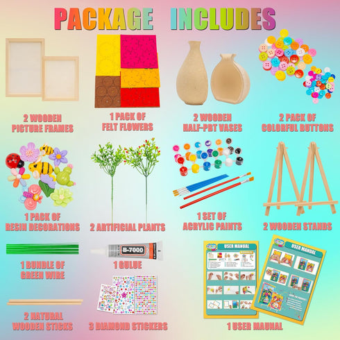 FTBox 3D 6 7 8 9 10 11 12 Crafts Gift for Girls, DIY Felt Flowers Wooden Vase Picture Frame Painting Kit, Arts