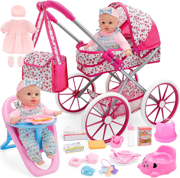 deAO Baby Doll Stroller Set Baby Doll Accessories Playset Pretend Play Toys