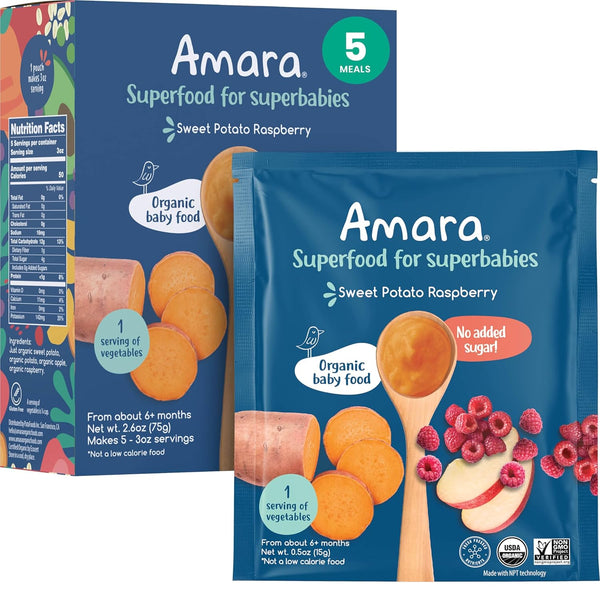 Amara Organic Baby Food, Stage 2 Sweet Potato Raspberry, 5 Pouches 3.5oz Per Serving, Shelf Stable