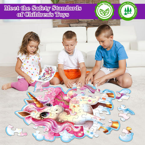 45pcs Shimmery Unicorn Shaped Jumbo Jigsaw Floor Puzzles for Kids Ages 3-5, Birthday Gift (28'' x 33'')