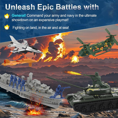 Playset Set 4-12 Army Men - Large Including Army Men Action Figures, Battle Mat, Army and Navy Weapon Gear Accessories