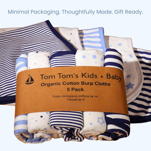 5 Pack Figure-8 22x11 Tom Tom's Kids + Baby Organic Baby Burp Cloths - GOTS Certified Organic Cotton, Contoured Design