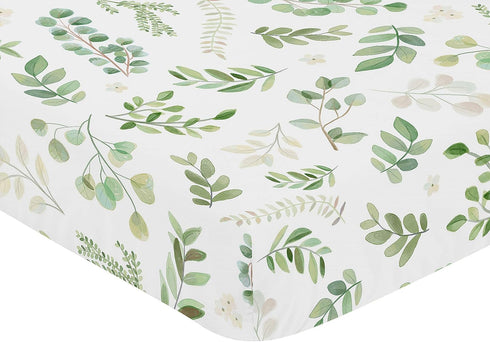 Sweet Jojo Designs Floral Leaf Girl Fitted Crib Sheet, Baby or Toddler Bed Nursery, Green and White Boho Watercolor