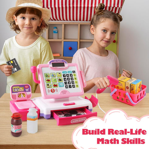3, 4, 5, 6, 7, 8+ 57 Playset, Play Calculator Cash Register Toy Gift for Kids Girls Age Year Old, Pcs Pink Pretend