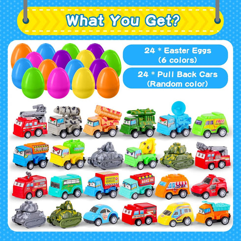 MGparty 24 Pack Prefilled Easter Eggs with Car Toys for Kids Toddlers Bulk Plastic Eggs Pull Back City Truck Vehicles